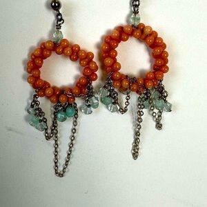 Pierced post earrings with dangling coral beads, silver and light turquoise